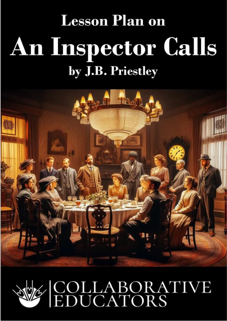 Cover of Lesson Plan on An Inspector Calls by J.B. Priestley, showing period-dressed figures around a dinner table