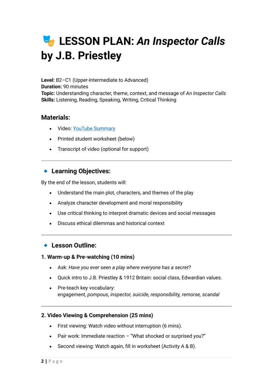 Priestley play lesson overview: 90-minute plan with objectives, 1912 Britain intro, key vocabulary and video viewing steps