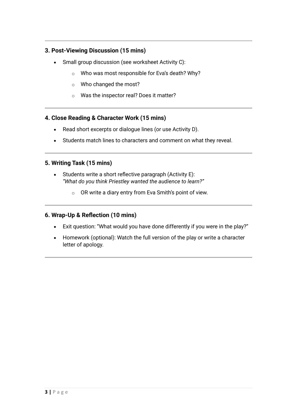 Lesson outline steps 3-6: group talk on blame, matching lines to characters, reflective writing and an exit question