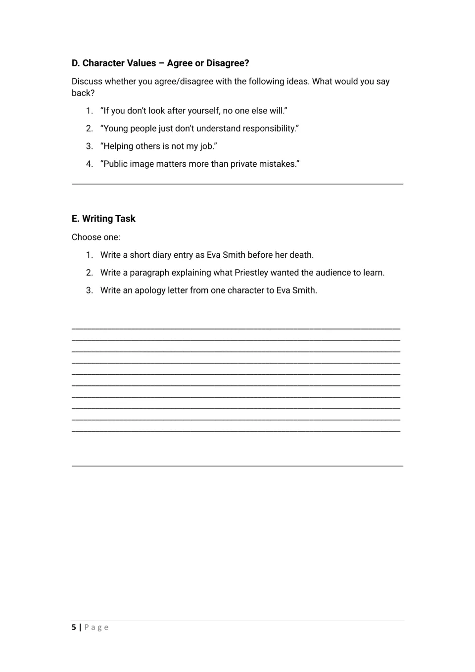 Character values debate: students agree or disagree with four statements, write a diary entry, paragraph or apology letter
