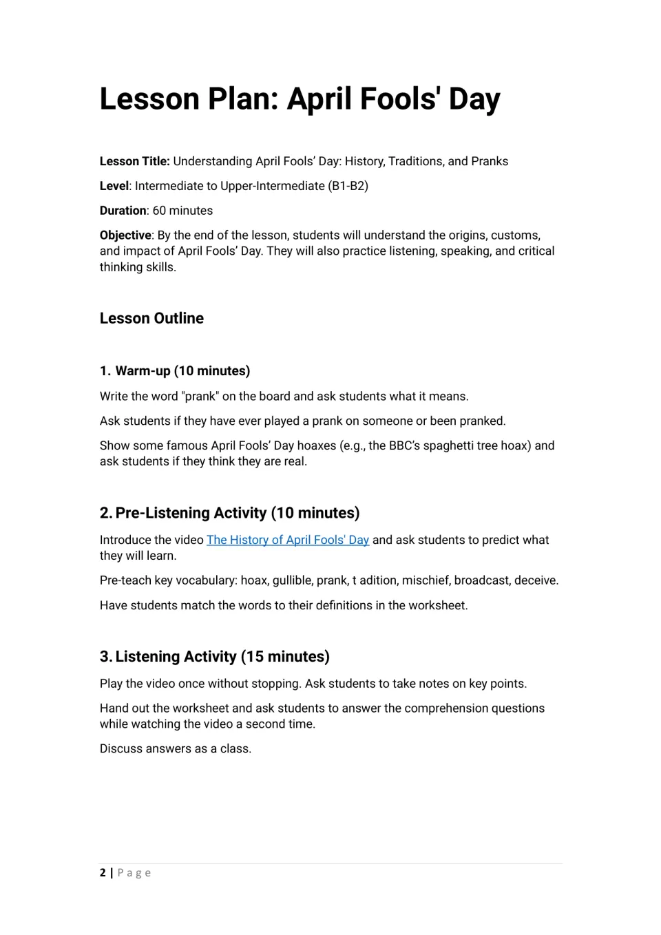 April Fools' Day history lesson outline: warm-up on pranks and hoaxes, vocabulary pre-teaching and a video listening task