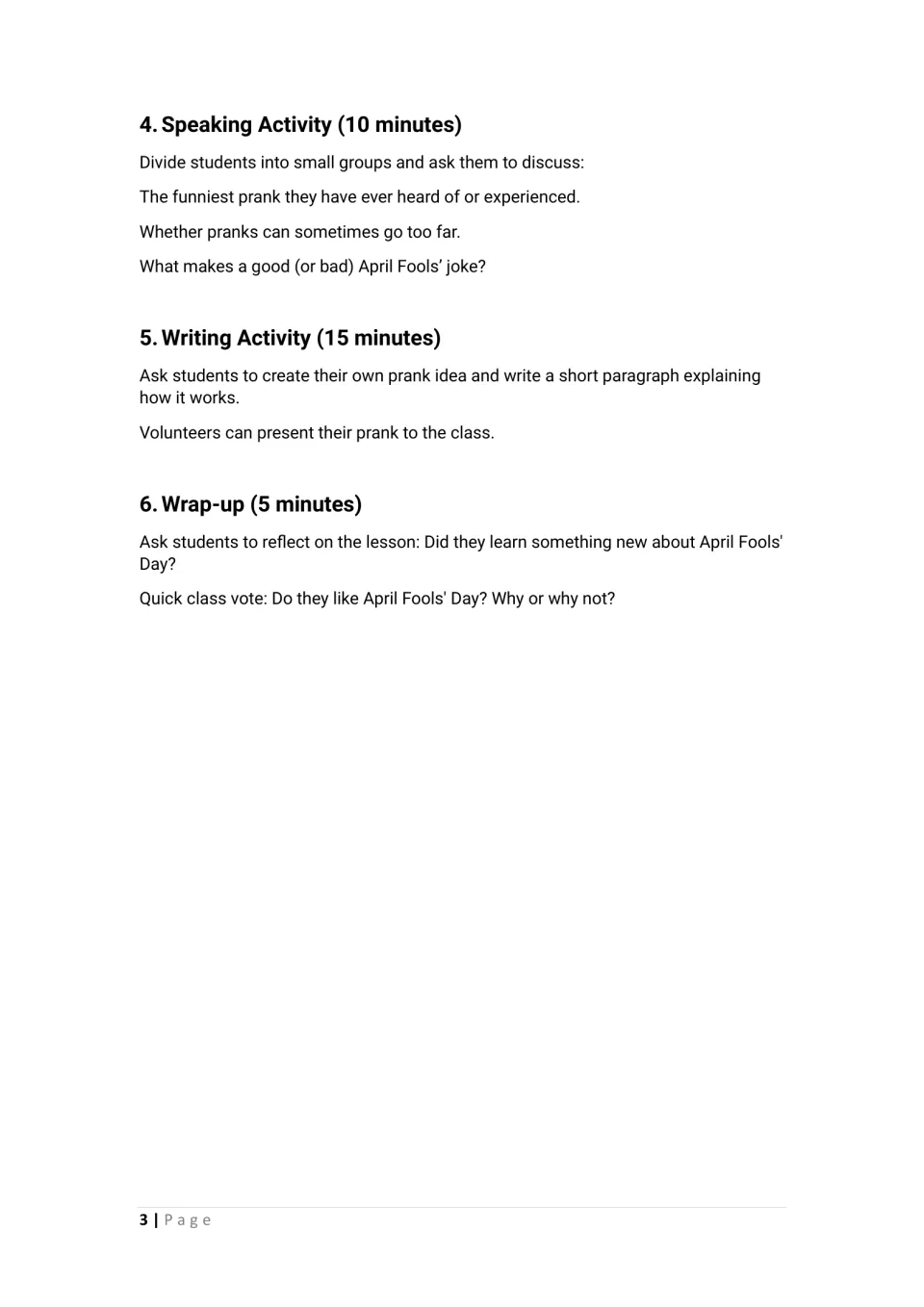 Lesson steps 4 to 6: groups discuss when pranks go too far, students write a prank idea, then a class vote to wrap up