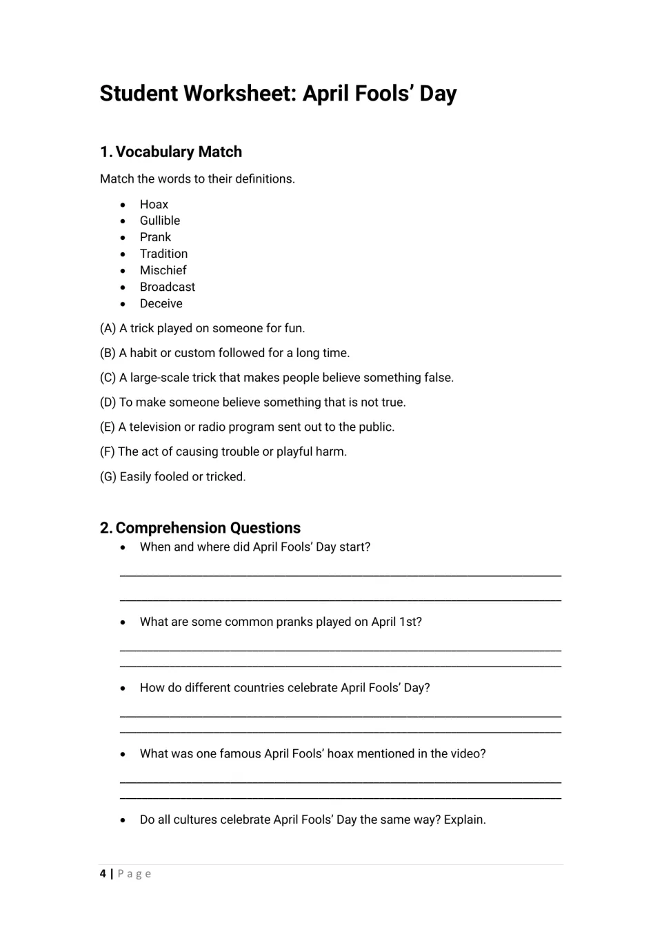 April Fools' Day vocabulary: students match 7 words like hoax and gullible, then answer 5 video comprehension questions