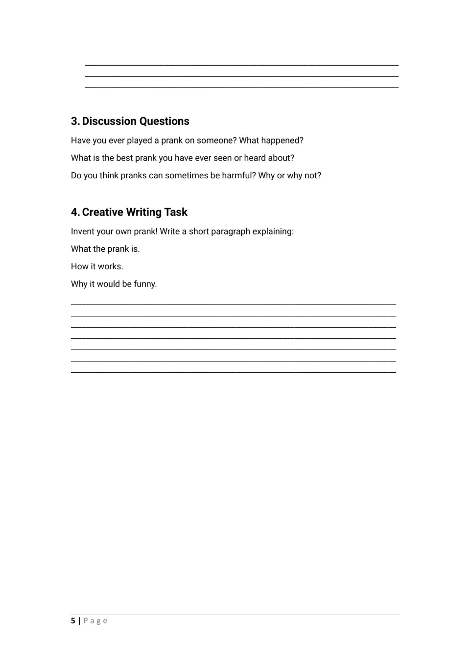 Prank discussion and creative writing: students discuss questions on pranks, then invent a prank and explain how it works