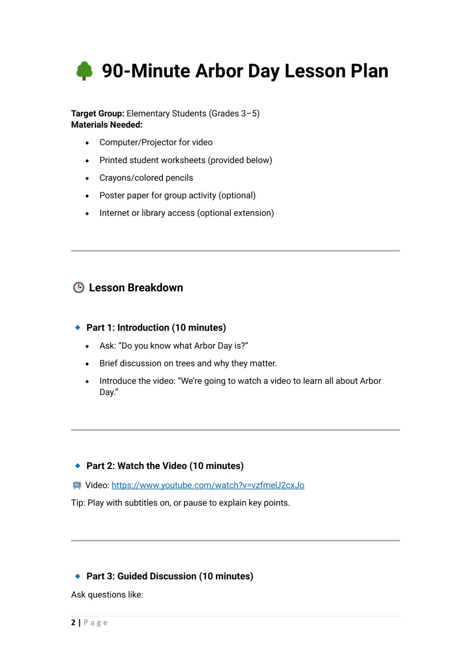 Arbor Day lesson plan opening: materials for grades 3–5, introduction, video link, and guided discussion