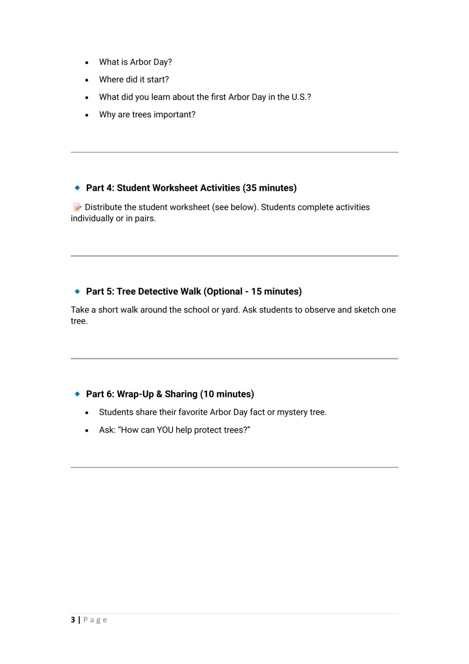 Arbor Day lesson continuation: discussion questions, worksheet activities, optional tree walk, and sharing