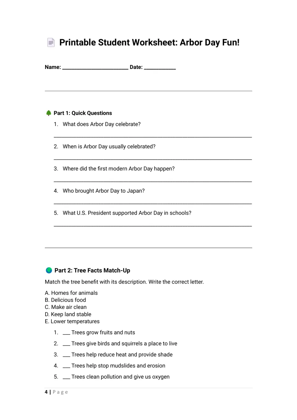 Arbor Day student worksheet parts 1–2: five questions about the holiday and five tree benefit matches