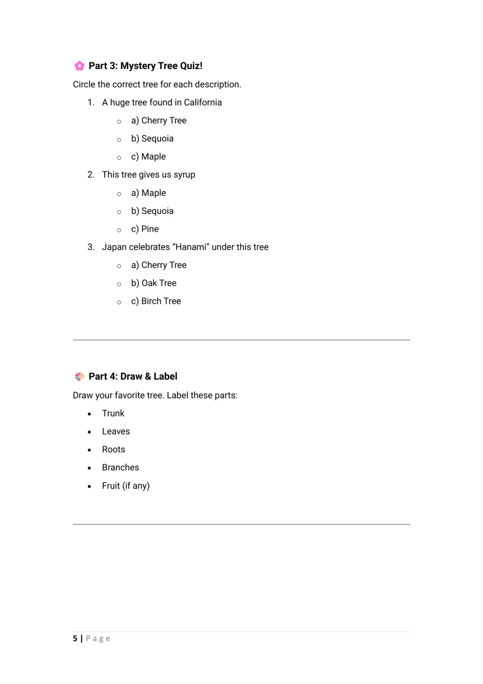 Arbor Day student worksheet parts 3–4: mystery tree quiz and drawing a favorite tree with labeled parts