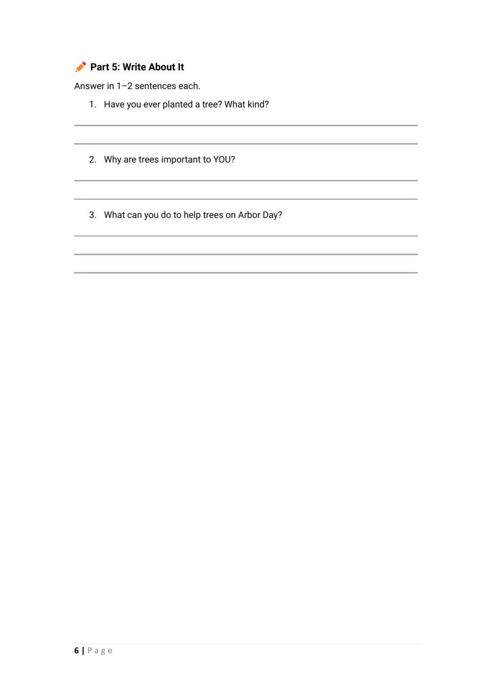 Arbor Day student worksheet part 5: three writing prompts about planting trees, their importance, and helping them