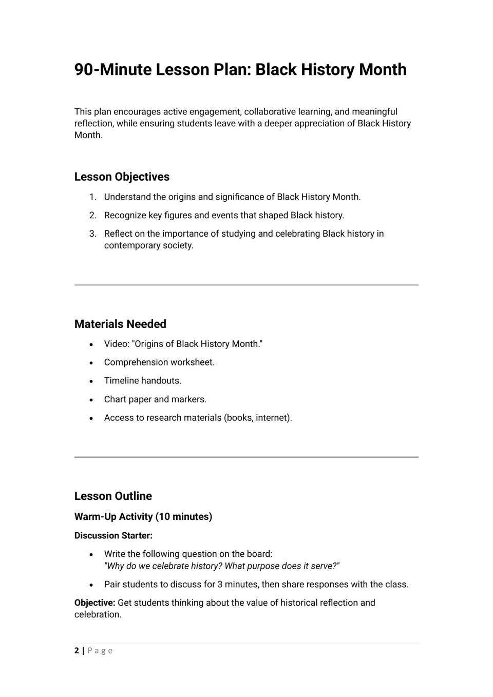 Lesson overview lists three objectives, required materials, and a 10-minute discussion on celebrating history