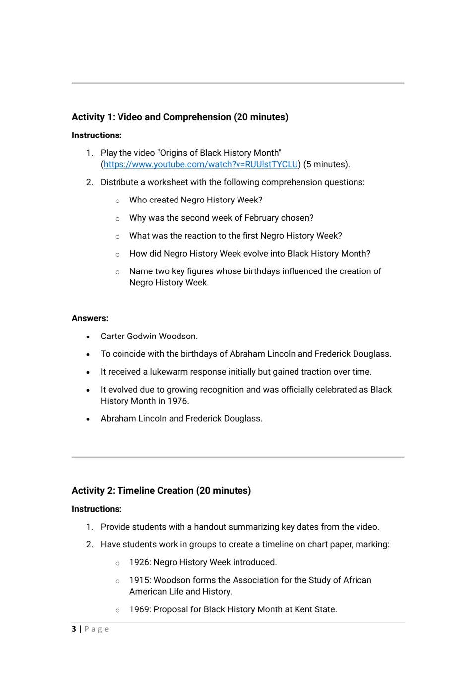 Video comprehension activity includes five questions and answers, followed by group timeline instructions