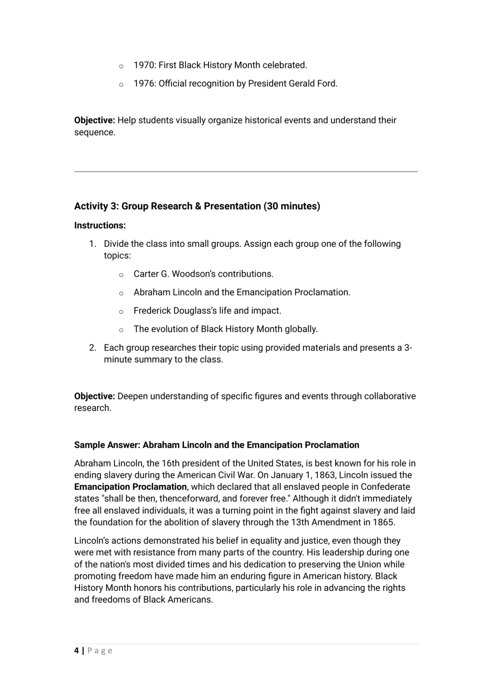 Timeline continues with 1970 and 1976; group research directions include a sample response about Lincoln
