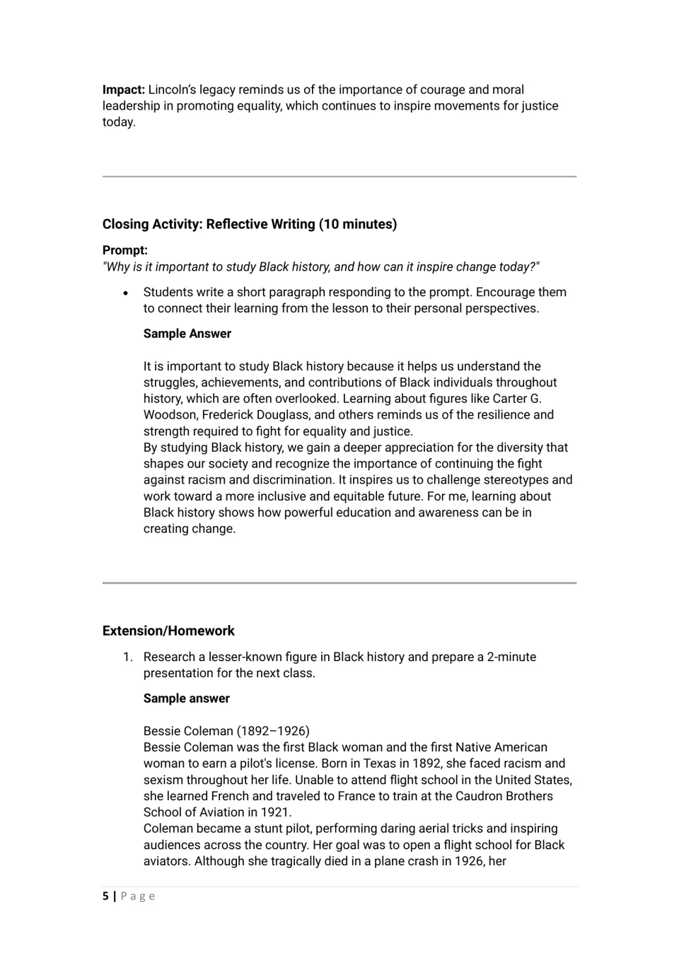 Reflective writing asks why studying Black history matters; homework includes a Bessie Coleman sample