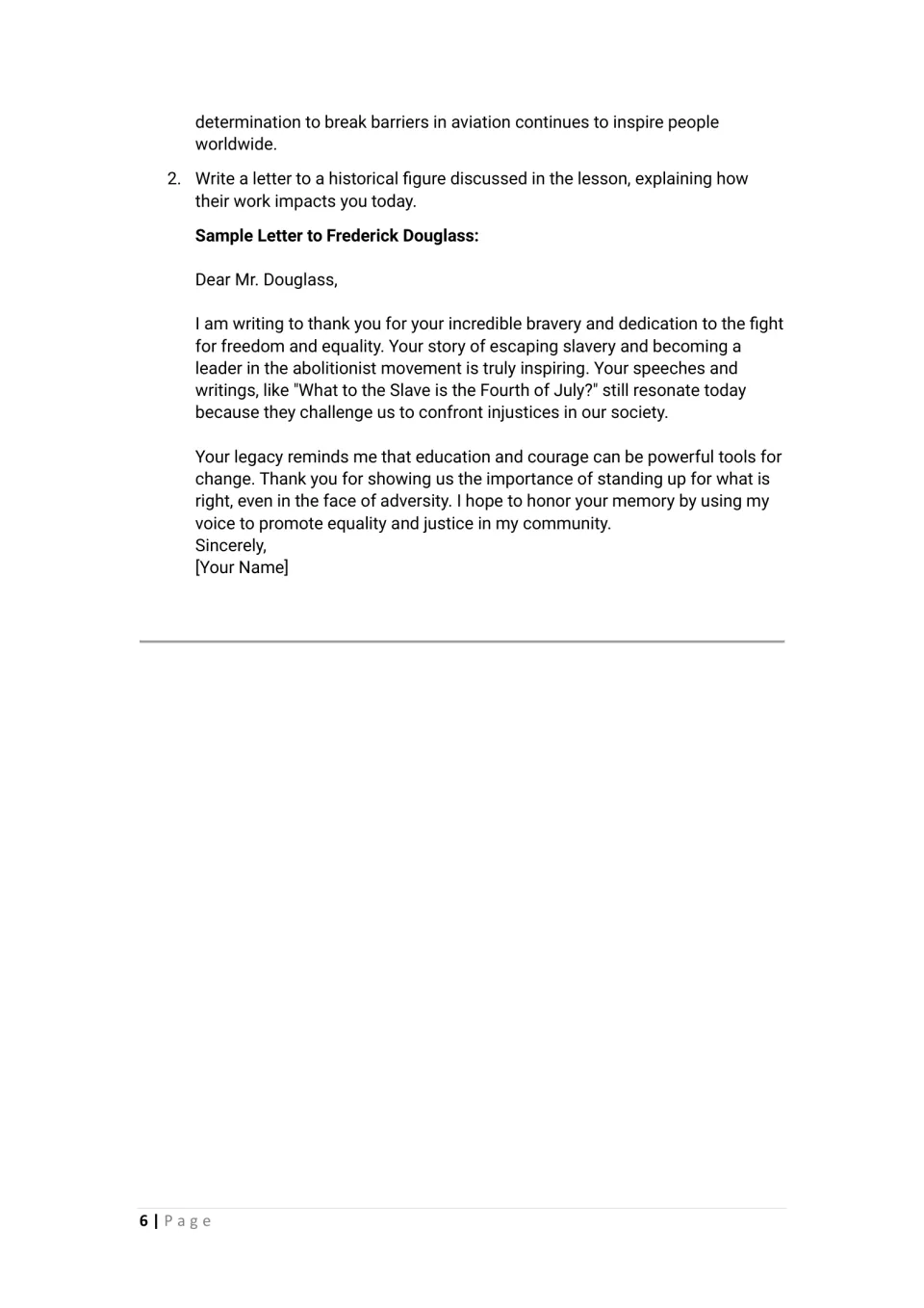 Homework continues the Bessie Coleman sample and assigns a historical figure letter, modeled for Douglass