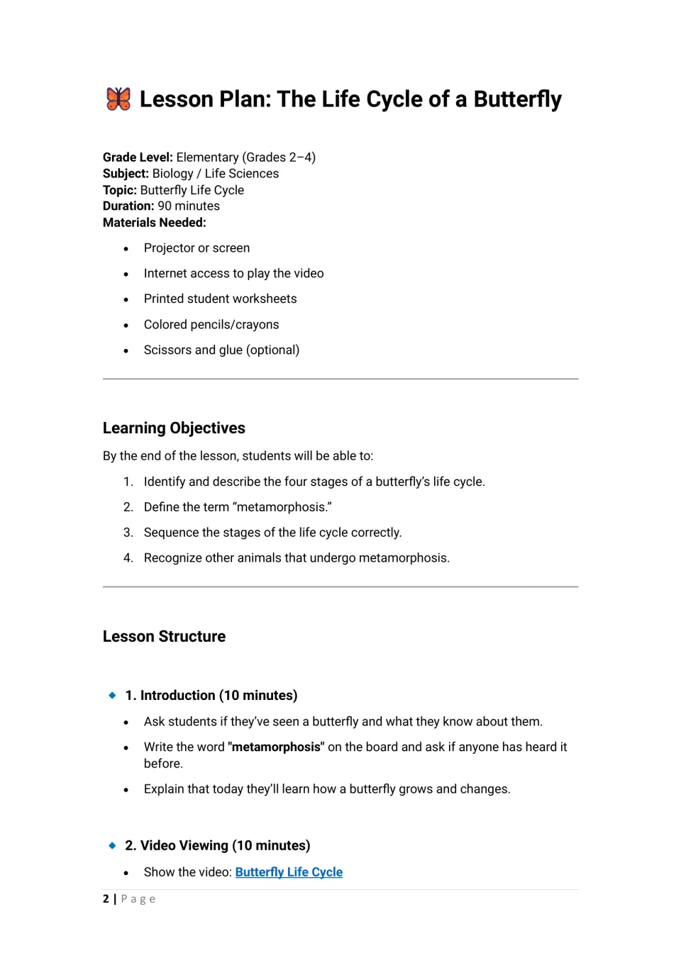 Metamorphosis lesson overview: 90-minute plan listing materials, four objectives, a 10-minute intro and a video segment