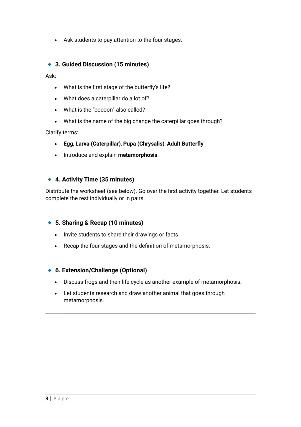 Lesson steps: guided discussion questions, stage terms to clarify, 35-minute activity, recap and a frog extension idea