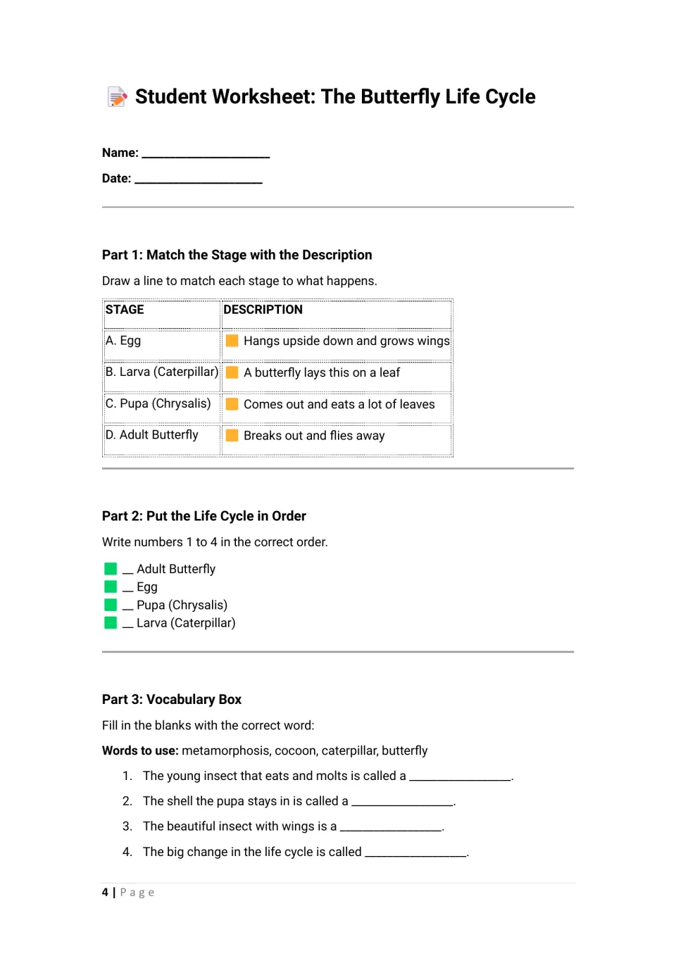 Butterfly stages worksheet: students match stages to descriptions, sequence them 1 to 4 and fill in four vocabulary blanks