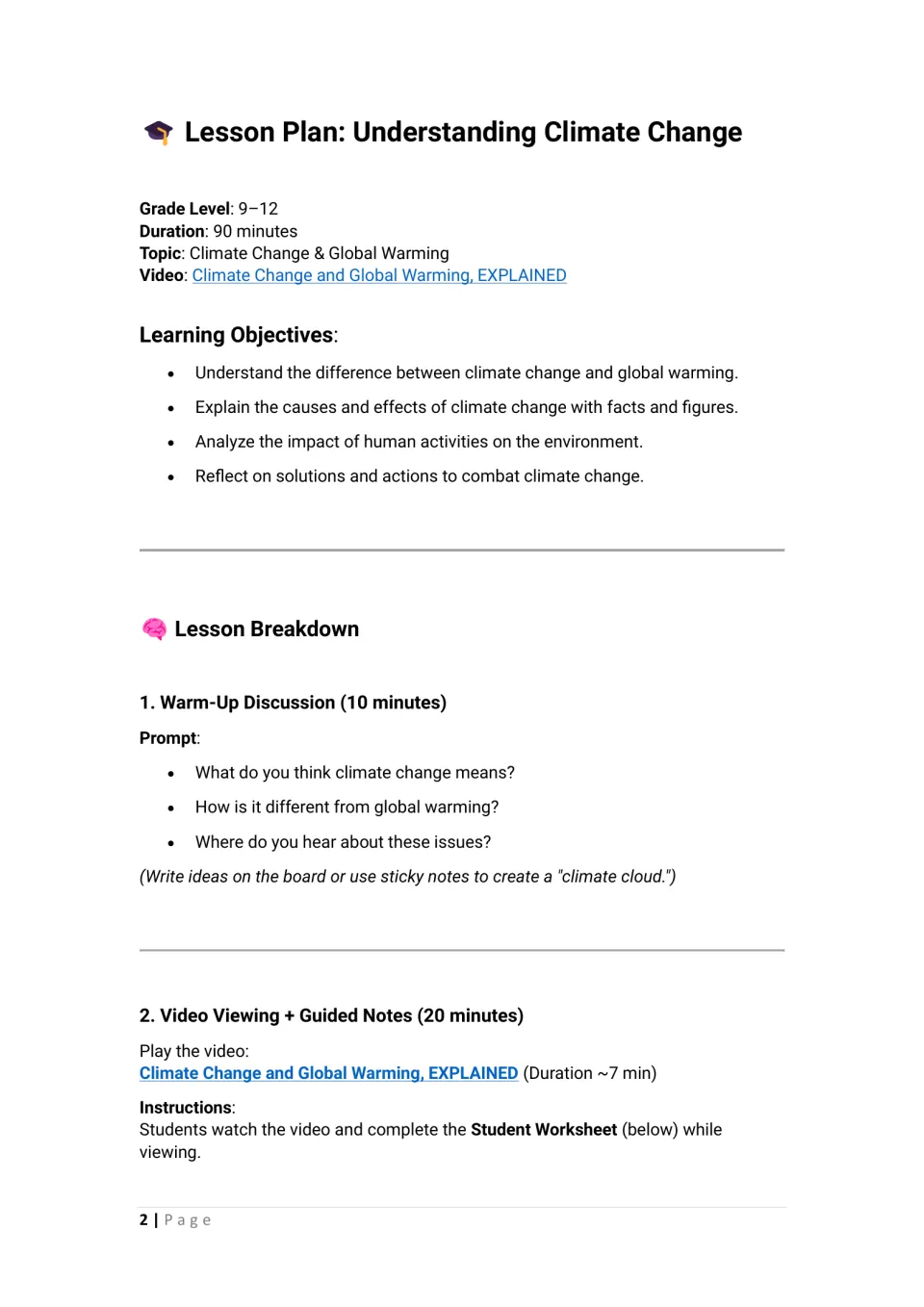 Lesson opening lists climate change objectives, a 10-minute warm-up, and 20 minutes of video viewing and notes