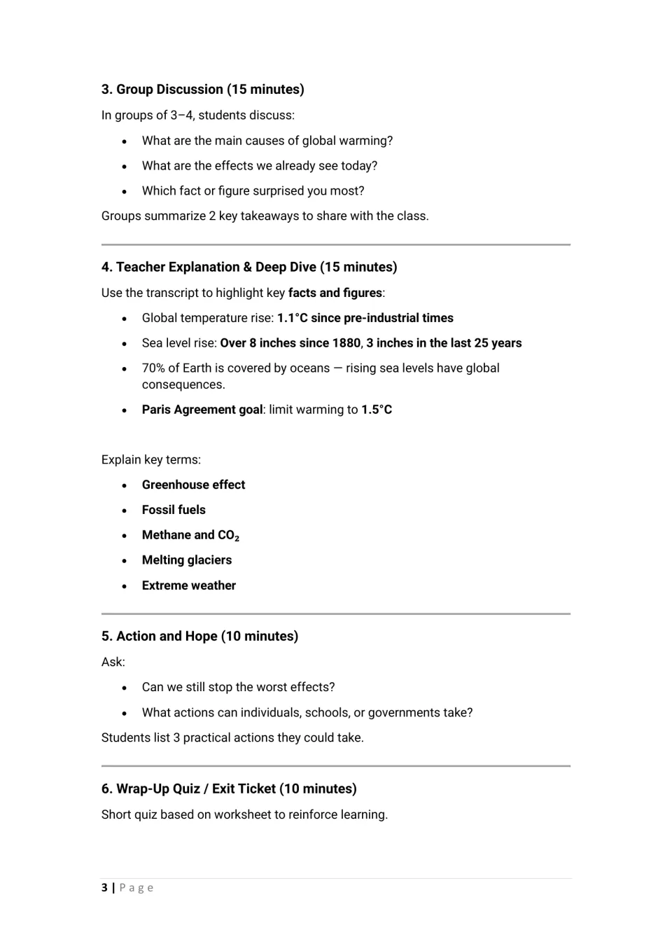 Lesson continuation covers group discussion, climate facts, practical actions, and a wrap-up quiz or exit ticket