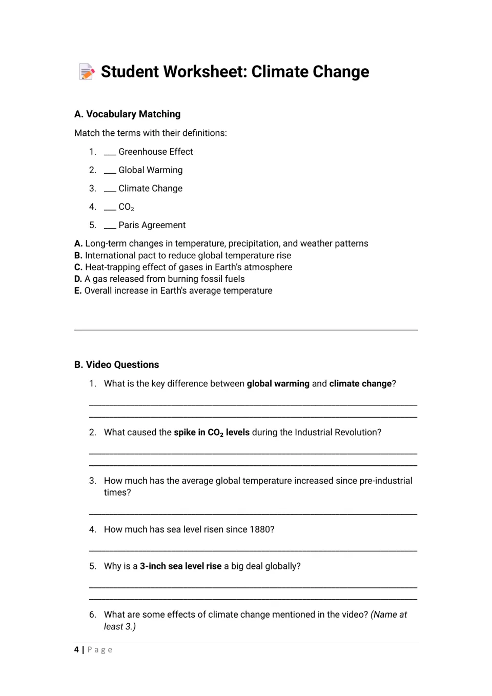 Student worksheet begins with five climate vocabulary matches and video questions 1–6 on warming and sea levels