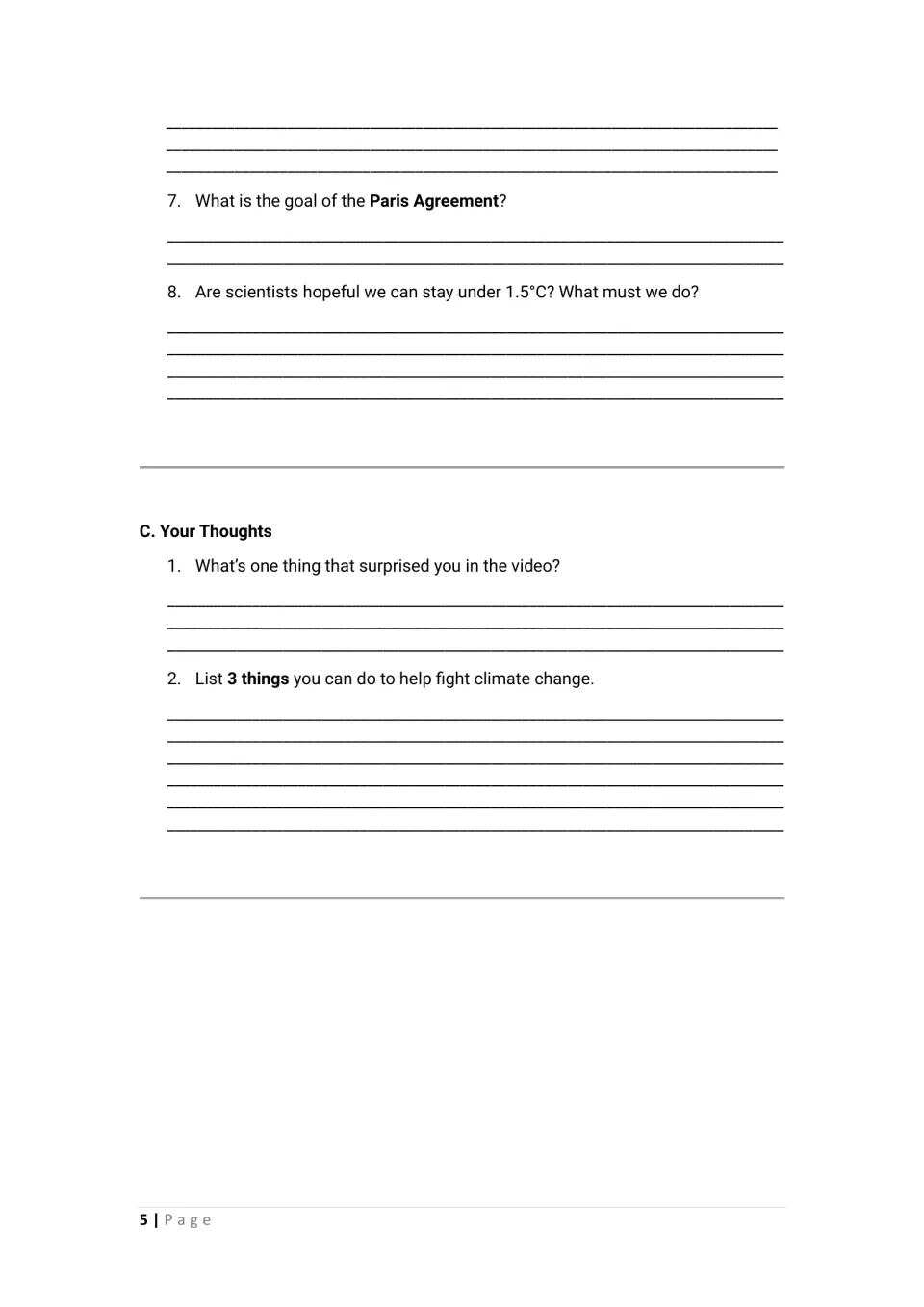 Student worksheet continues with Paris Agreement and 1.5°C questions, a video reflection, and three action ideas