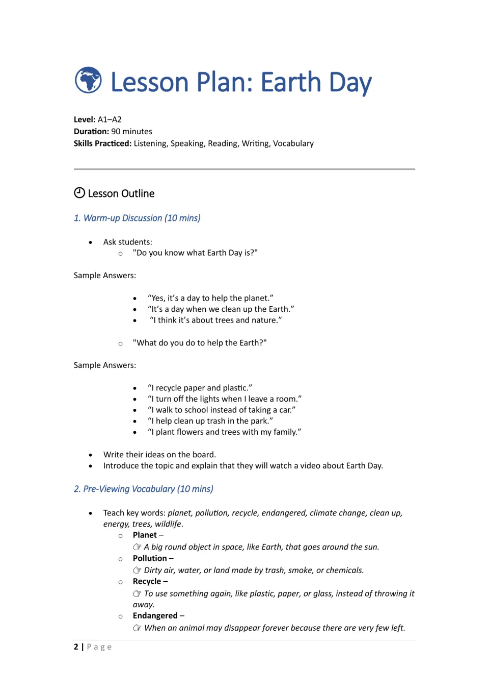 Earth Day lesson outline, 90 minutes: warm-up questions with sample answers, then pre-viewing vocabulary with definitions