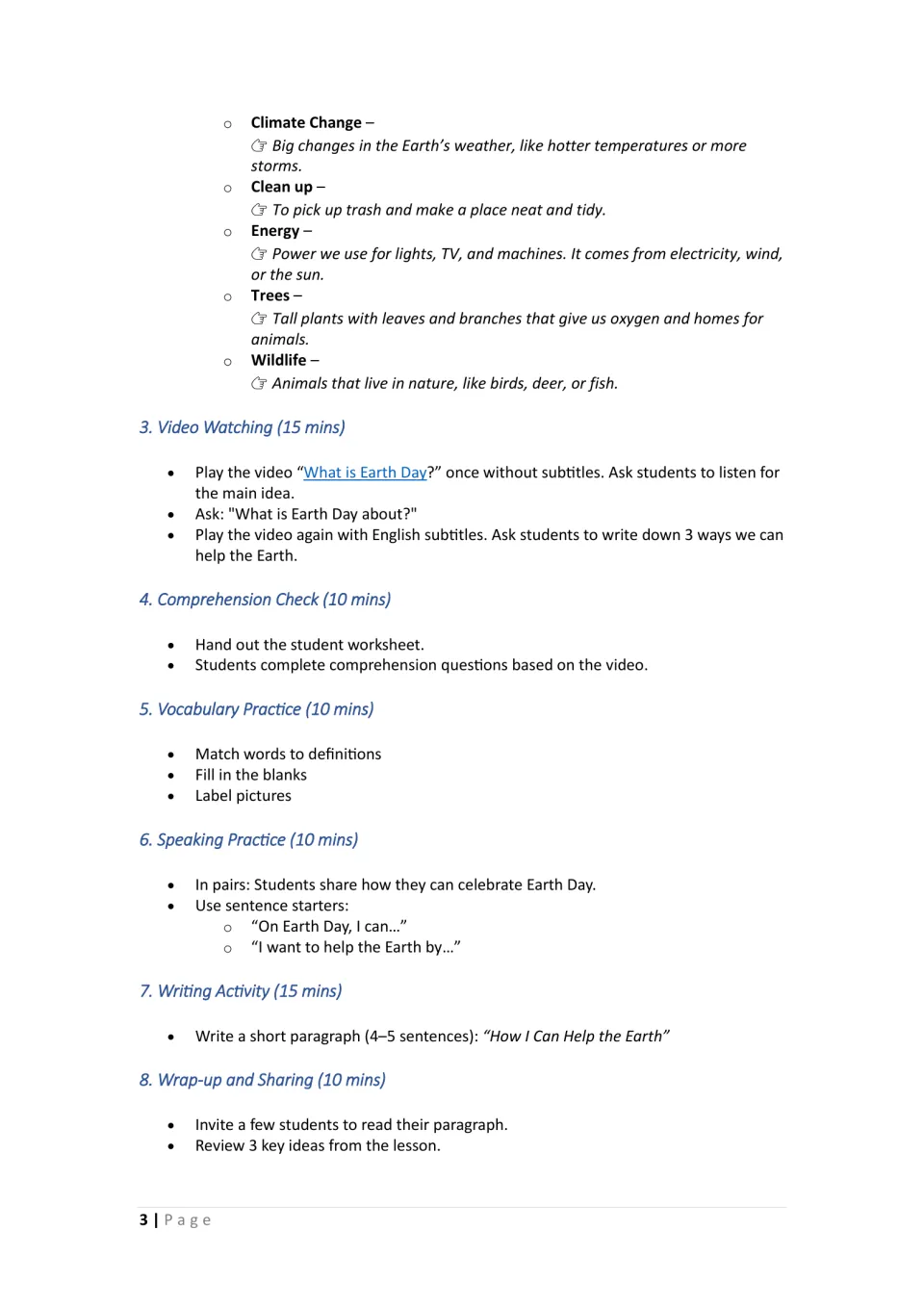 Earth Day lesson steps: more vocabulary definitions, video viewing, comprehension, speaking in pairs and a writing task