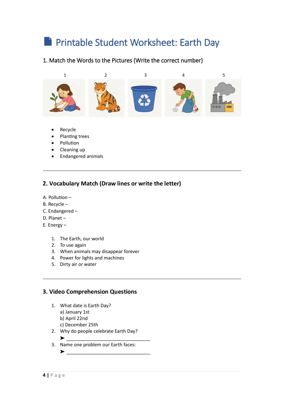 Earth Day vocabulary: students match five words to pictures and definitions, then answer video comprehension questions
