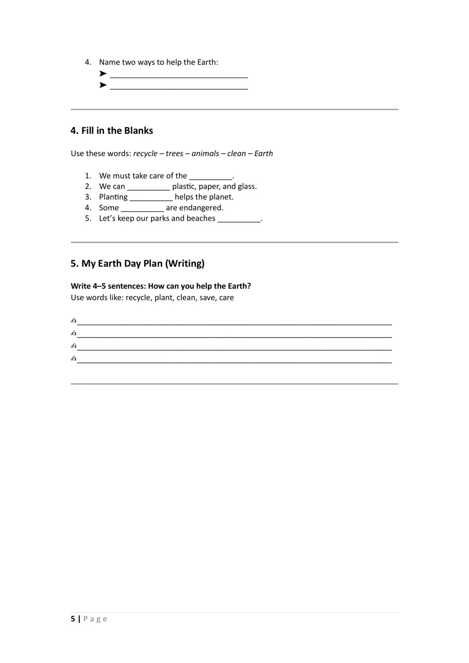 Helping the Earth: students fill in five blanks from a word bank and write 4–5 sentences for My Earth Day Plan