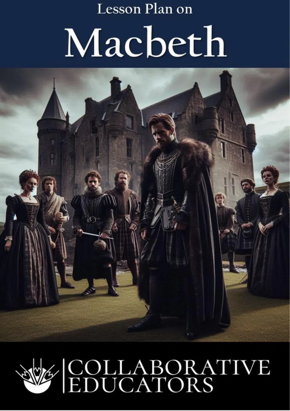 Lesson Plan on Macbeth cover by Collaborative Educators: a fur-cloaked nobleman stands before a Scottish castle