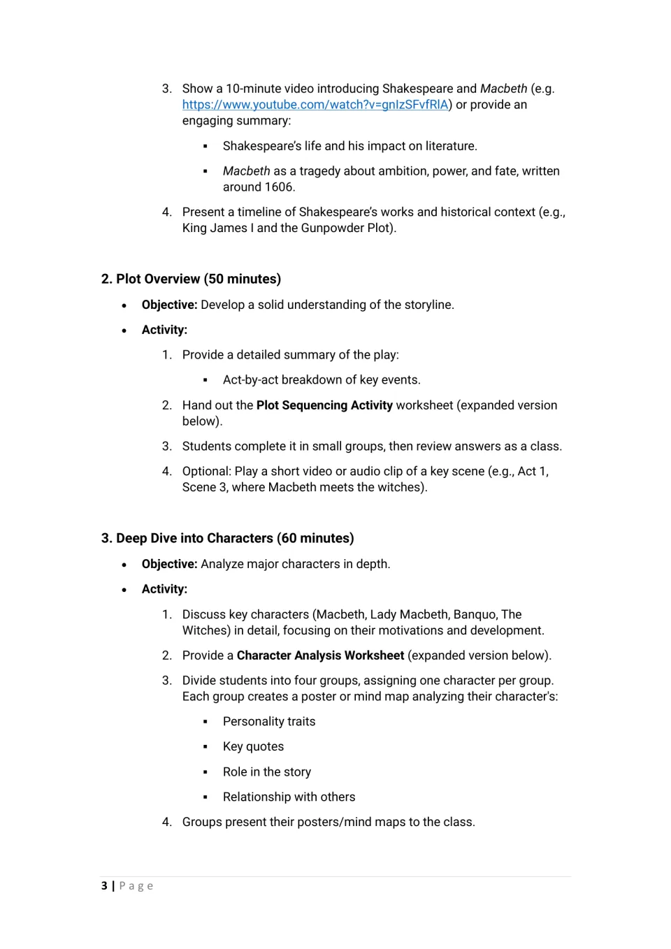 Macbeth plot overview and character study steps: intro video, group plot sequencing, character posters or mind maps