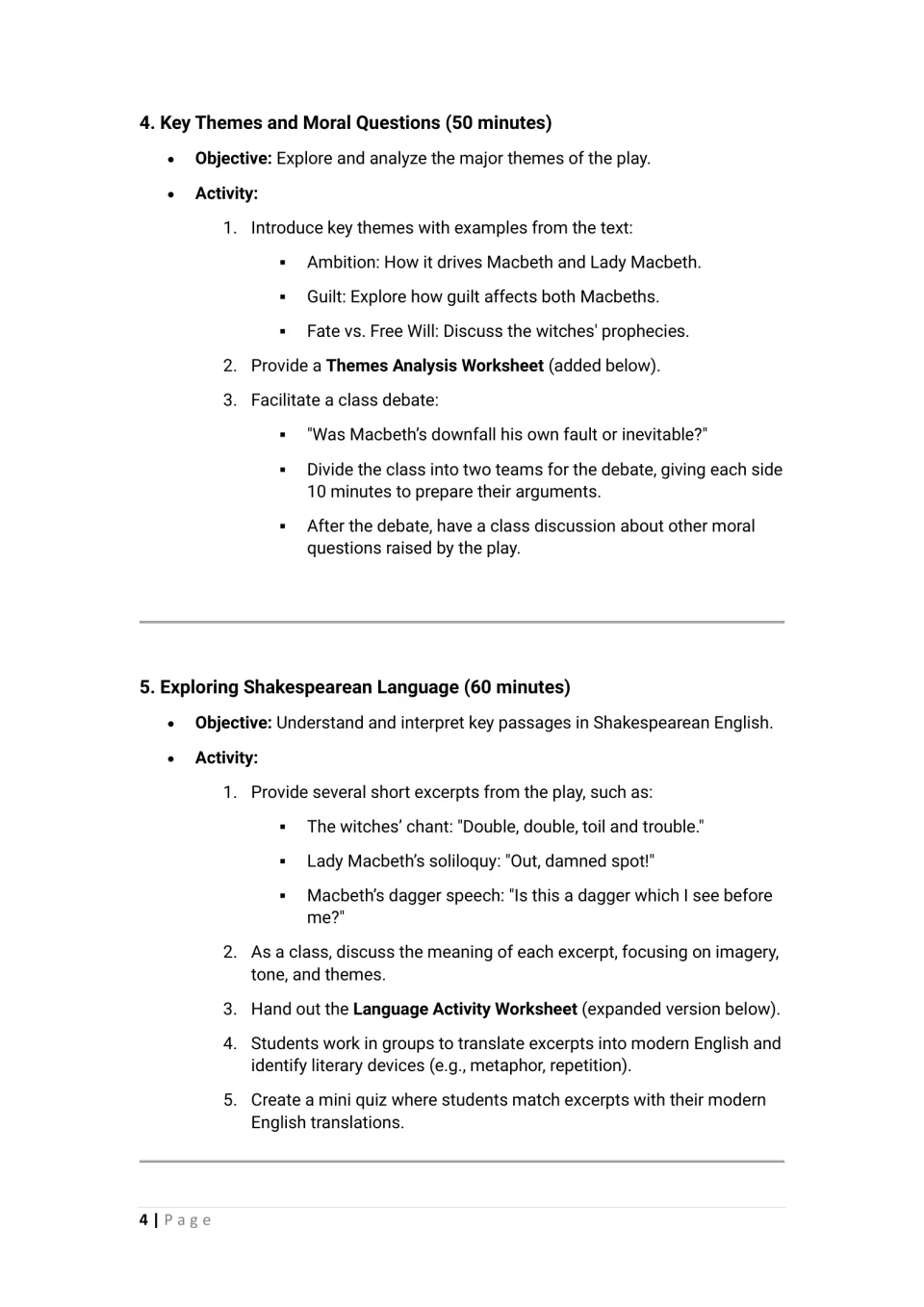 Macbeth themes of ambition, guilt and fate with a class debate, then groups translate key passages into modern English