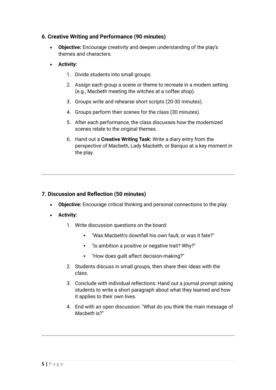 Macbeth creative writing and performance: groups modernize a scene, write a diary entry, then discuss ambition and guilt