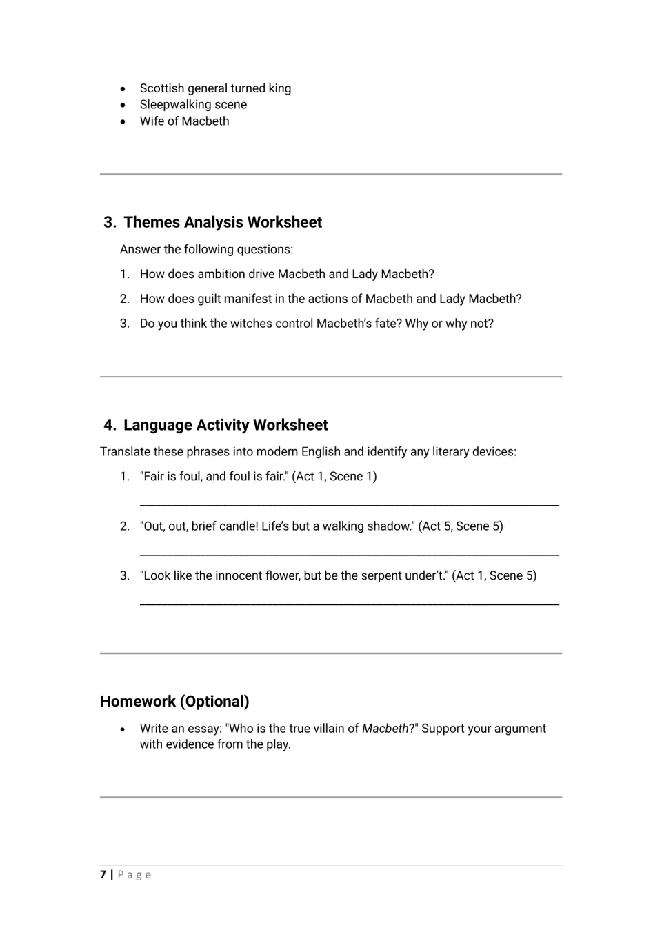 Macbeth theme questions on ambition, guilt and fate; students translate three quotes and name literary devices