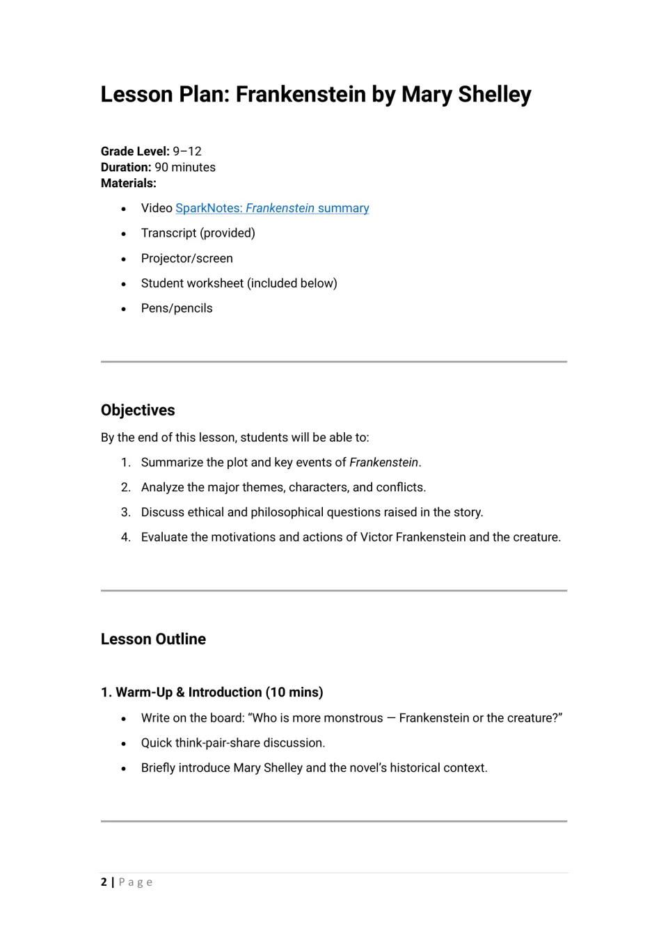 Frankenstein lesson overview: materials, four objectives and a warm-up think-pair-share on who is more monstrous