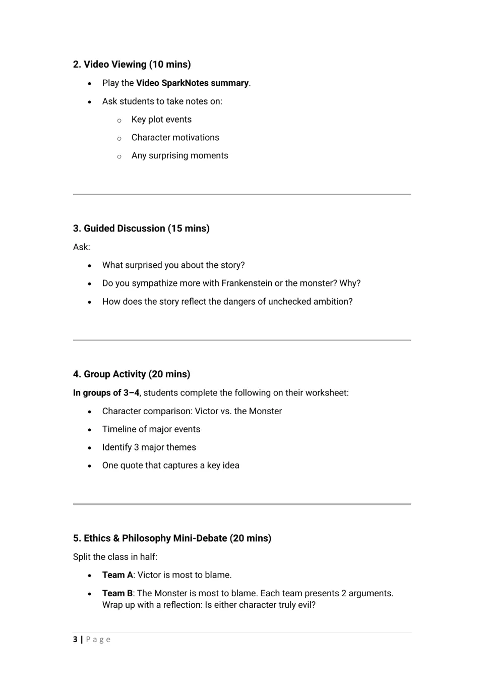 Lesson steps 2-5: SparkNotes video notes, guided discussion questions, group worksheet tasks and a blame mini-debate