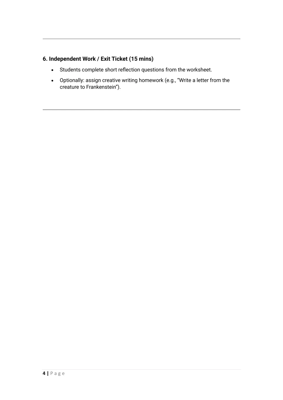 Final lesson step: 15-minute exit ticket with reflection questions and an optional letter from the creature to Victor