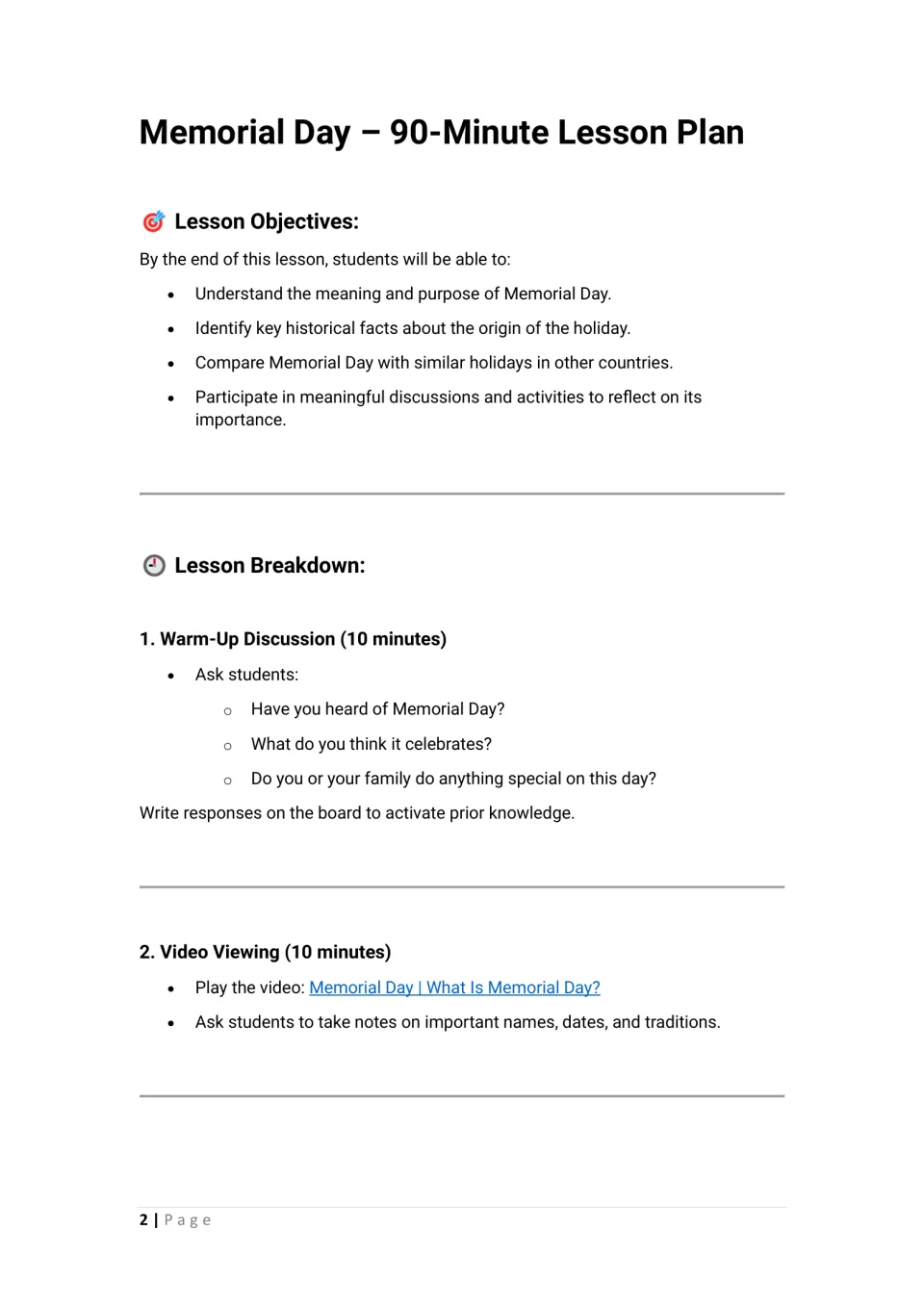 Lesson opening: Memorial Day objectives, a 10-minute warm-up discussion, and a 10-minute video viewing