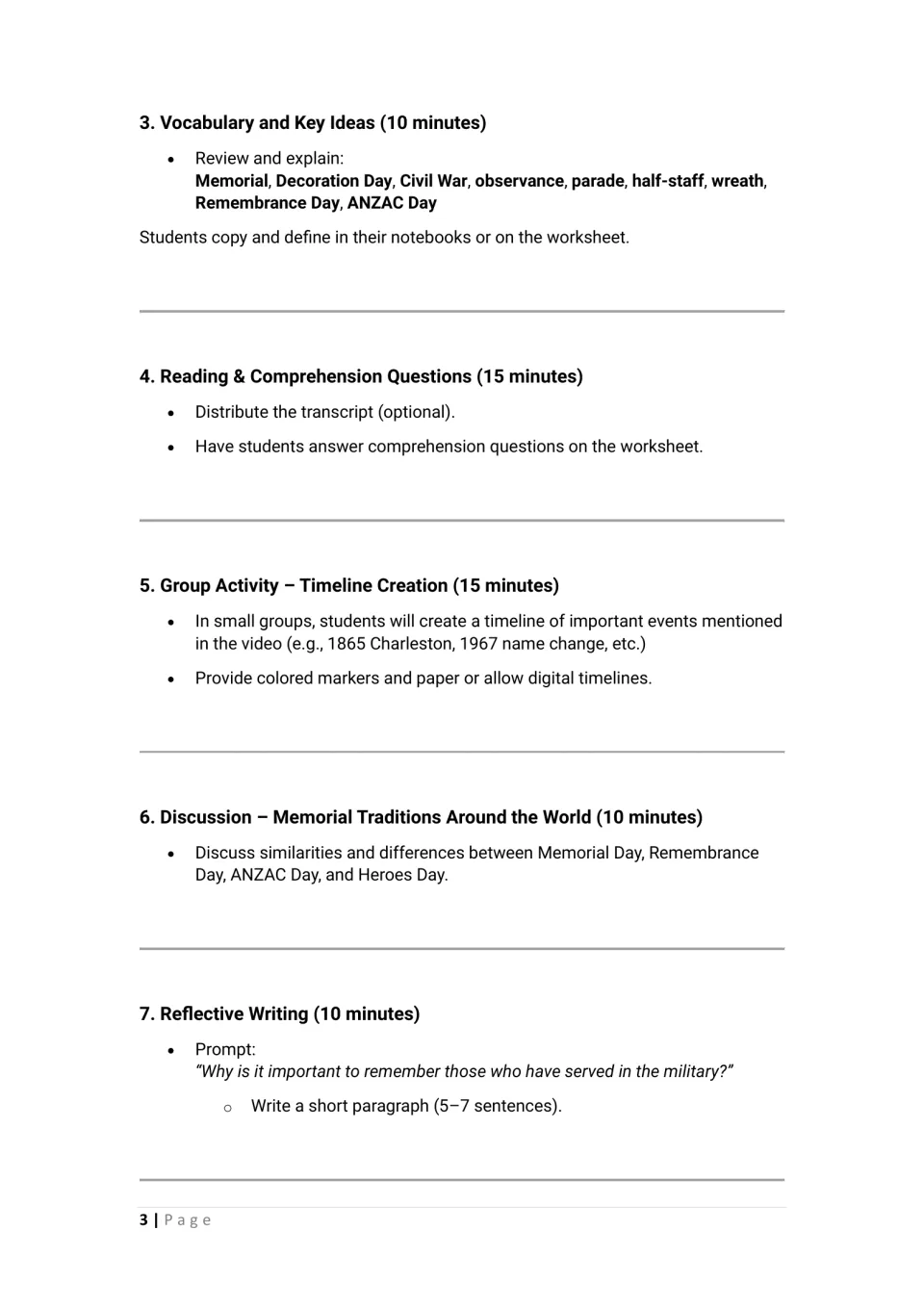 Lesson continuation: vocabulary, comprehension, timeline creation, global traditions, and reflective writing