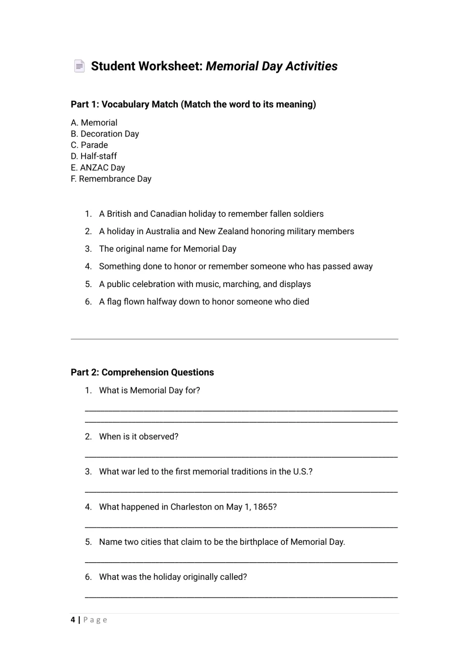 Student activities: six Memorial Day vocabulary matches and comprehension questions 1–6 about its history