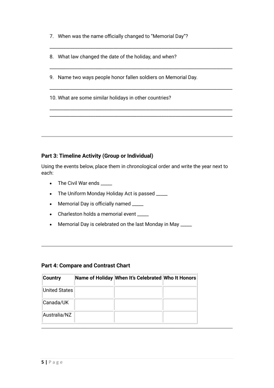 Student activities: questions 7–10, a five-event Memorial Day timeline, and an international holiday comparison