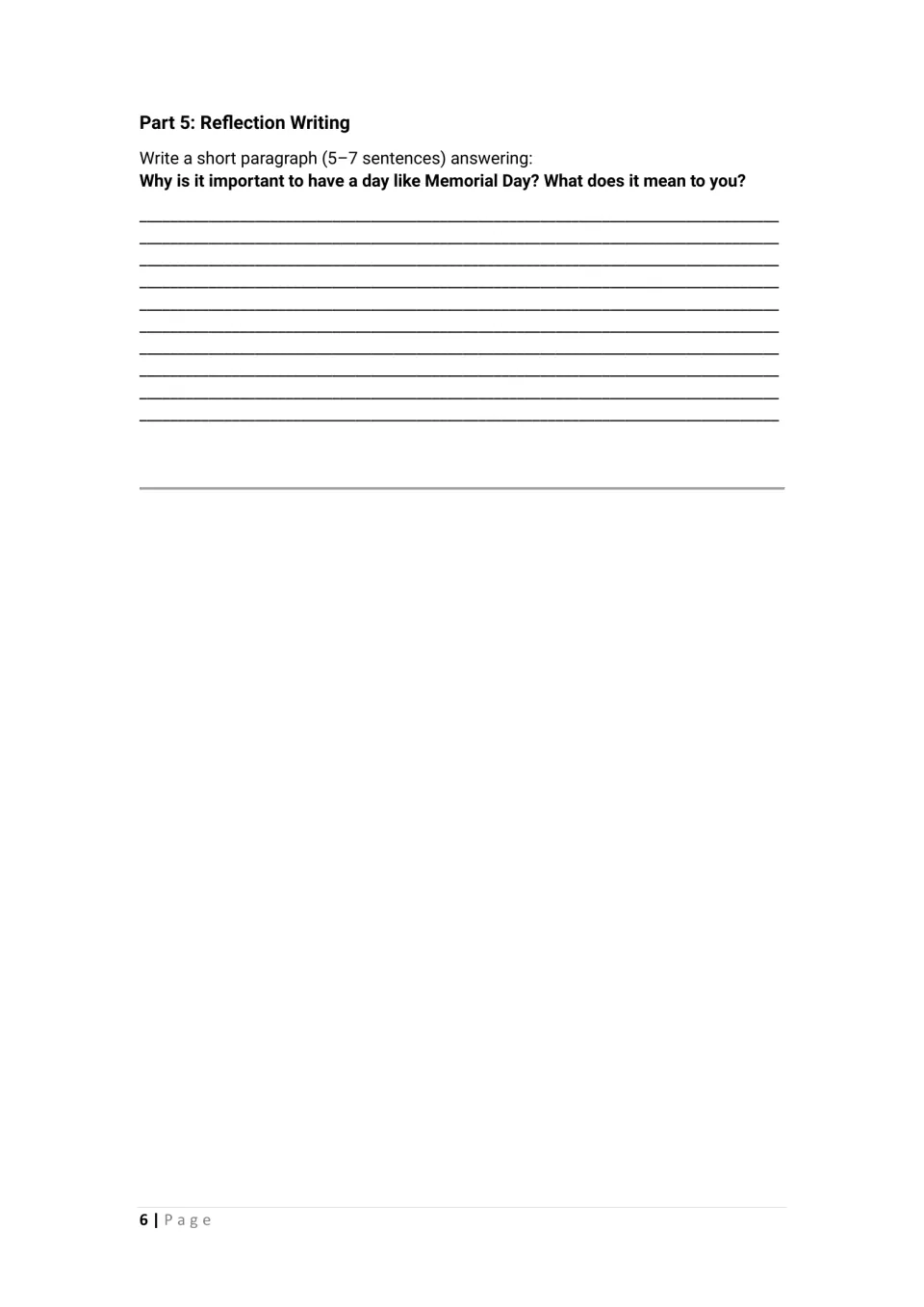 Reflection writing activity: write 5–7 sentences about why Memorial Day matters and what it means to you