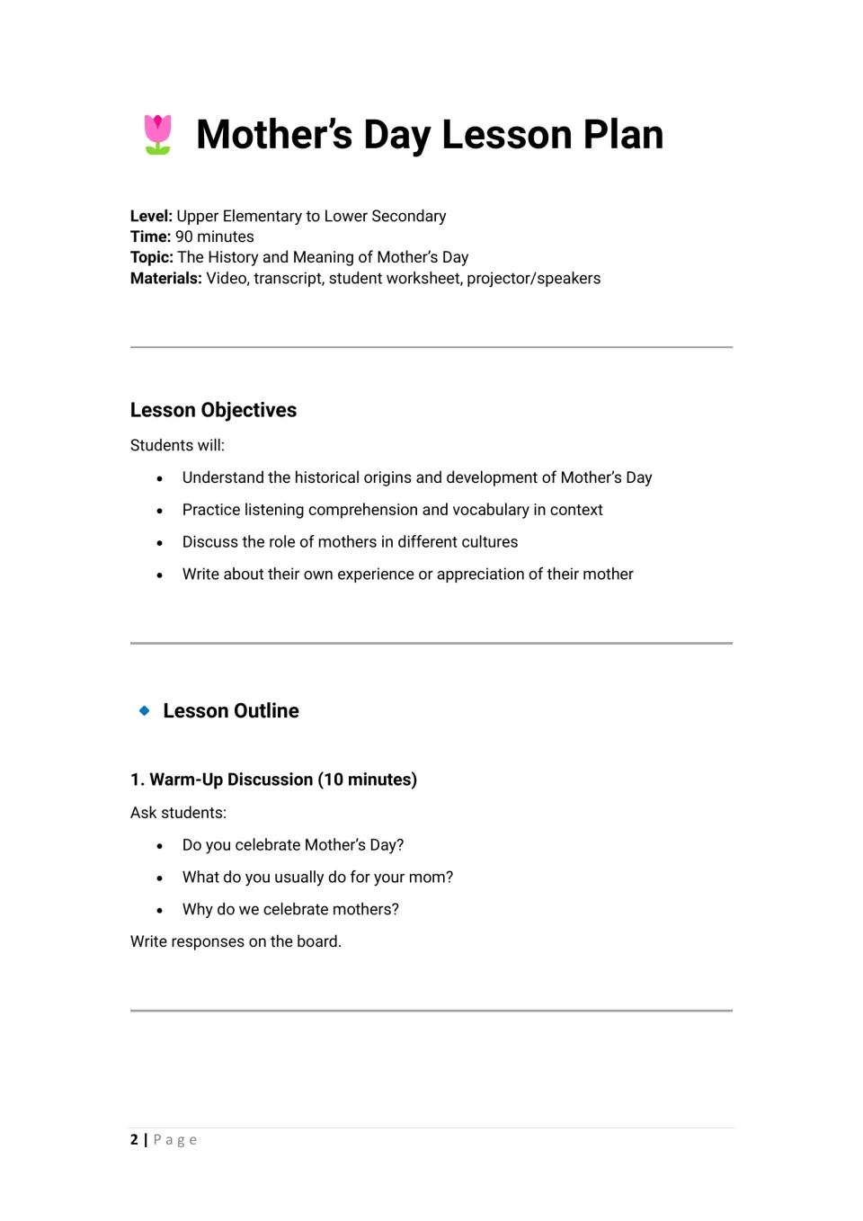Lesson plan opening: 90-minute timing, materials, four objectives, and Mother's Day warm-up questions