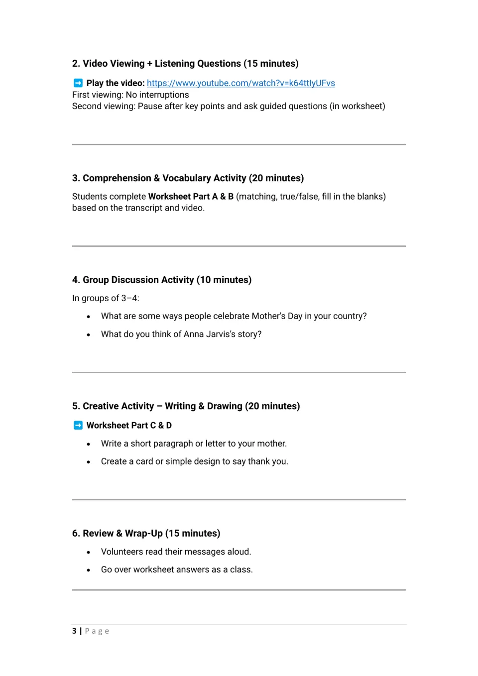 Lesson plan continuation: video viewing, comprehension, group discussion, writing, drawing, and review