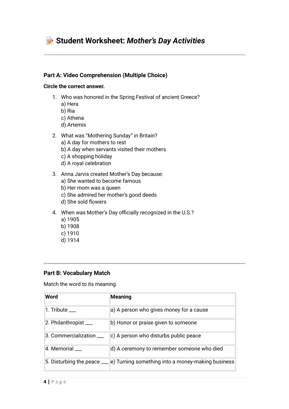 Student worksheet Parts A–B: four Mother's Day history multiple-choice questions and five vocabulary matches
