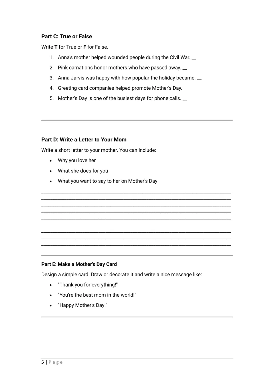 Student worksheet Parts C–E: five true-or-false statements, a letter to Mom, and a Mother's Day card task