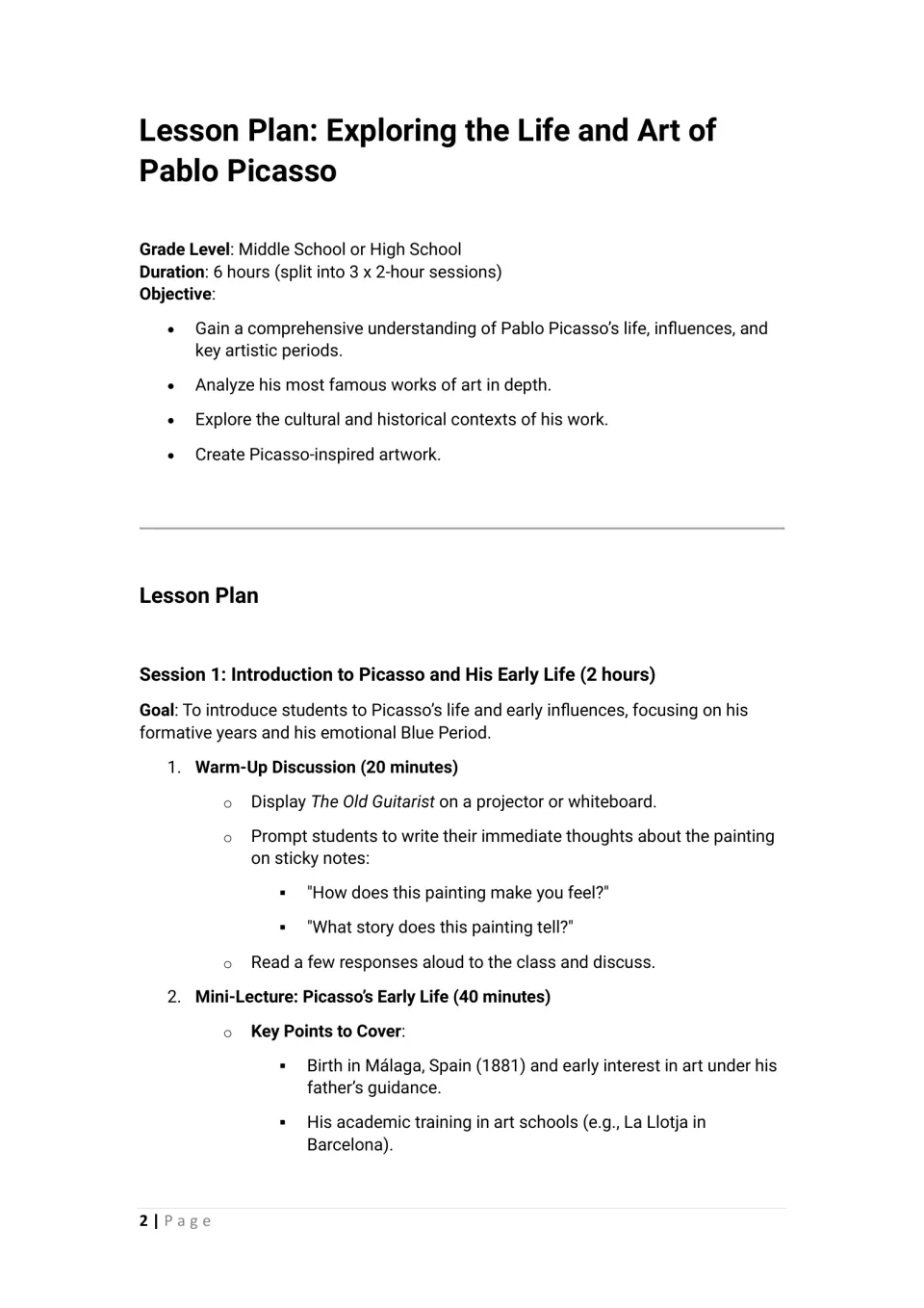 Picasso unit overview: objectives, then a Session 1 warm-up where students react to The Old Guitarist on sticky notes