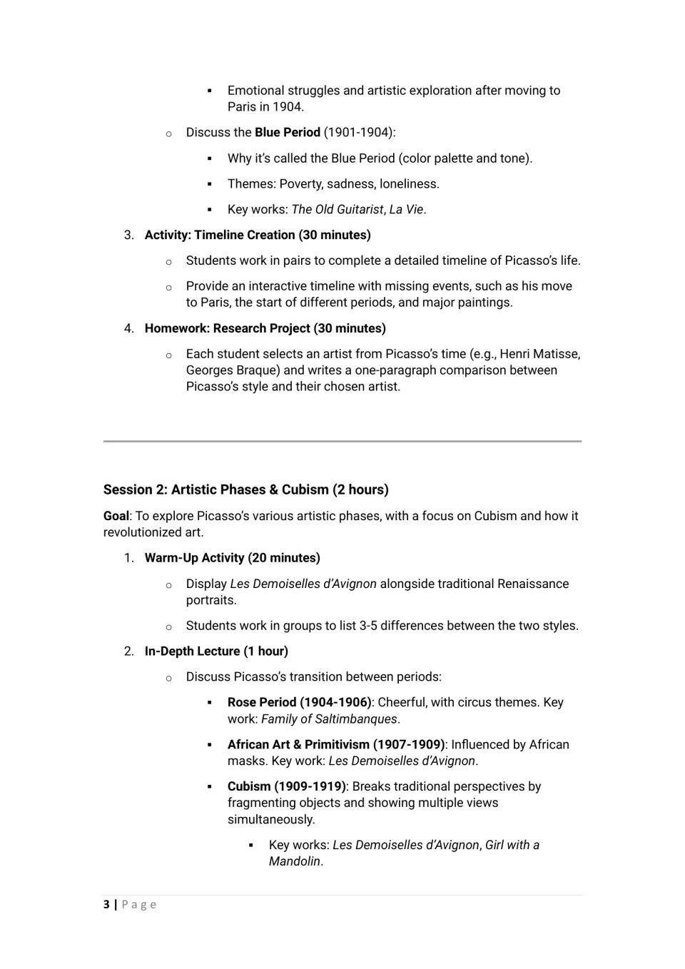Blue Period, Rose Period and Cubism notes, plus a paired timeline task, artist comparison homework and a style warm-up
