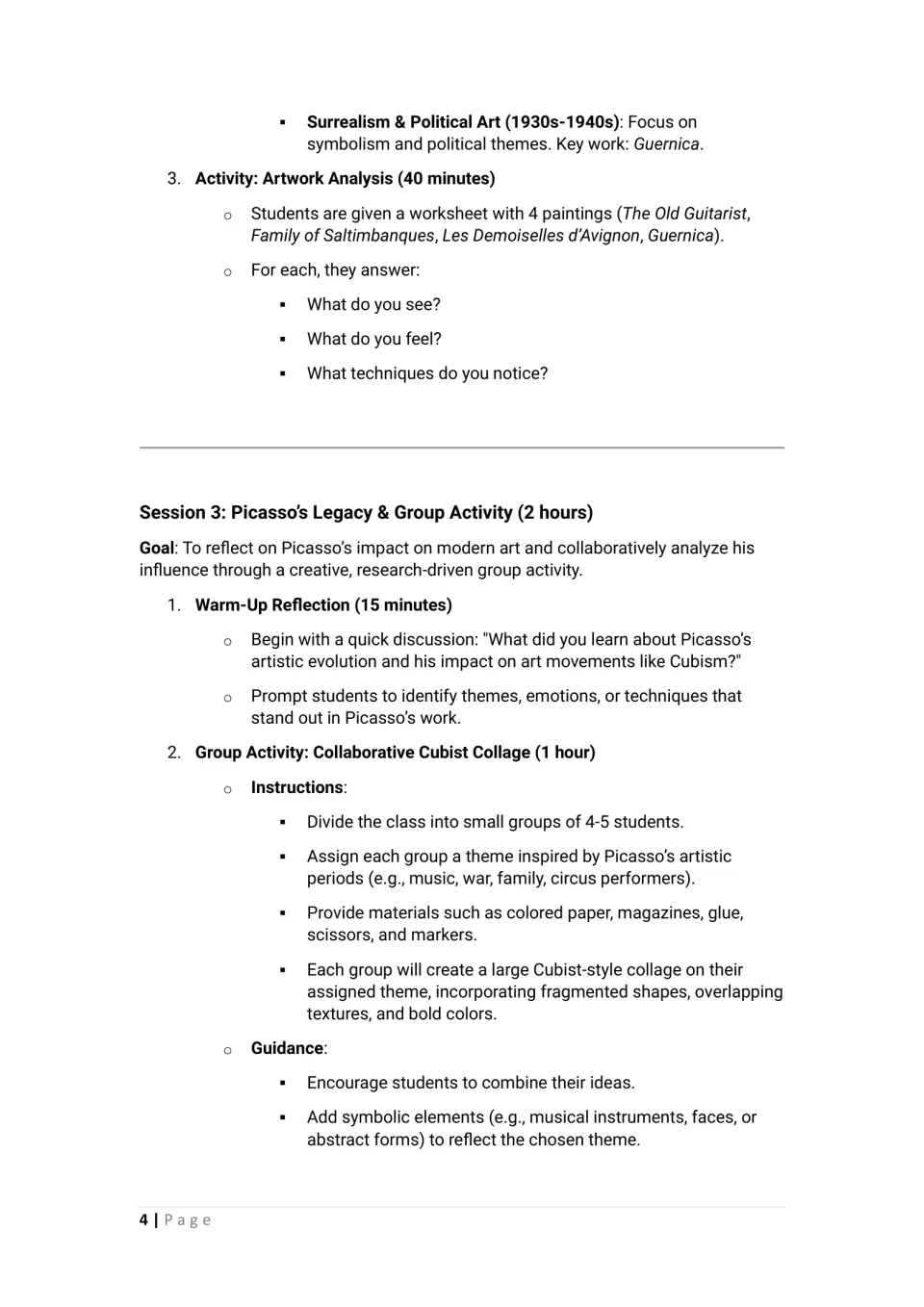 Surrealism and Guernica notes, an analysis task on four paintings, and Session 3 steps for a group Cubist collage