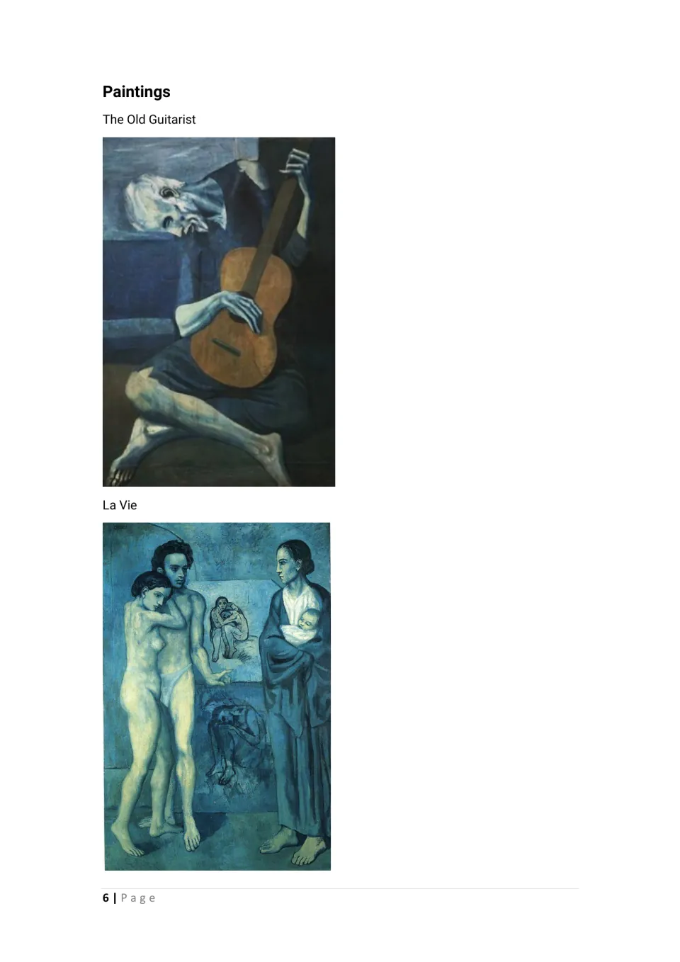 Blue Period paintings: The Old Guitarist, a bent blue figure with a brown guitar, and La Vie, with a couple and a mother